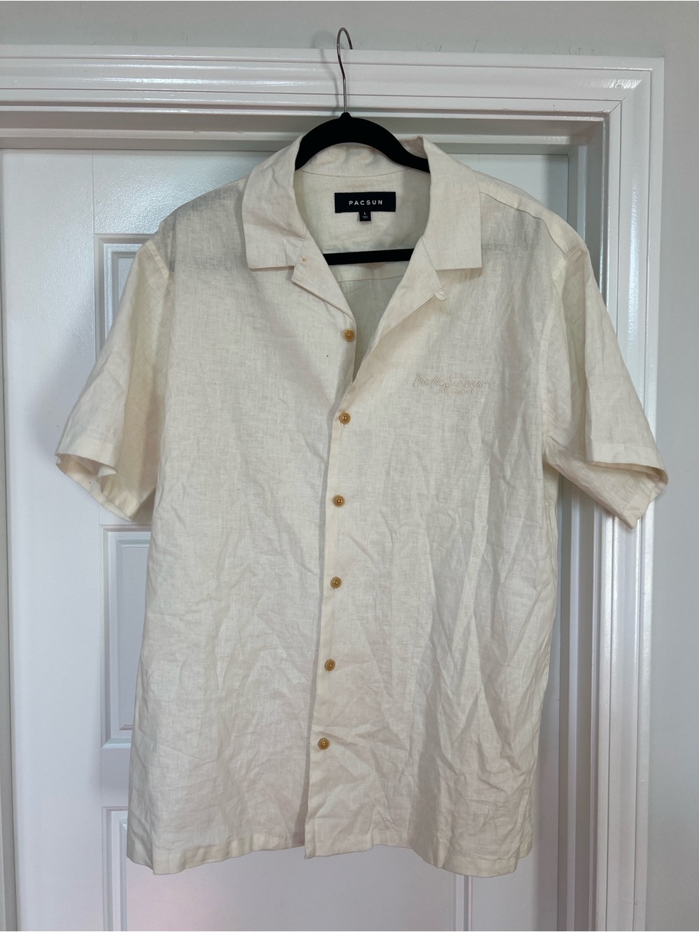 PacSun Short Sleeve Button-Up in Cream; Linen Blend Coastal Vacation Wear Beachy